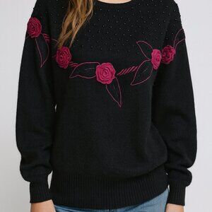 Vintage 80s 90s Silk Angora Floral Rose Sweater Black Pink Medium